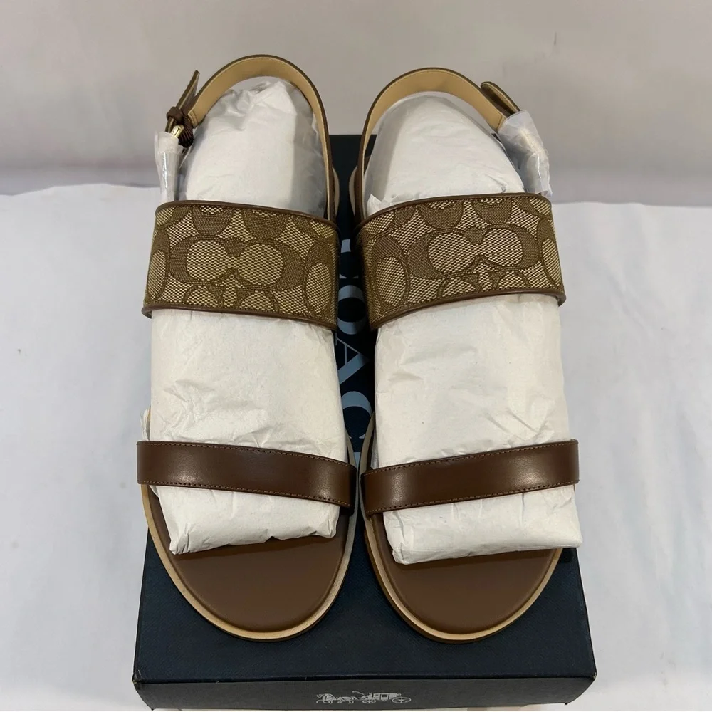 Coach Harley Sandals in Signature Brown Jacquard Women 10 gold adjustable buckle - Picture 2 of 9
